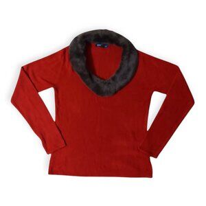 Evan Picone Women's Red/ Detachable Brown Fur Collar Pullover Sweater Size M NWT